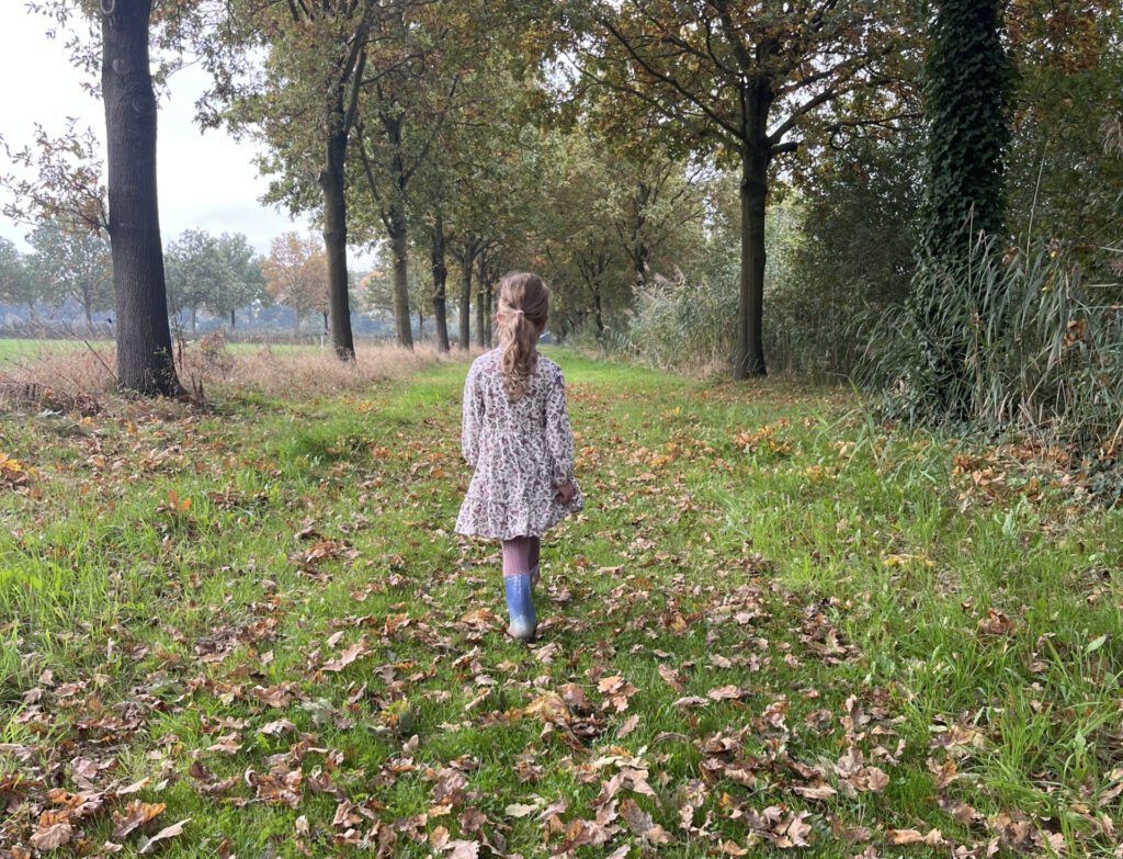 Een overzichtsfoto van een jong kind dat wegloopt van de camera over een grasachtig pad bedekt met gevallen herfstbladeren. Het pad wordt geflankeerd door hoge bomen en het kind draagt een gebloemde jurk en blauwe laarzen.