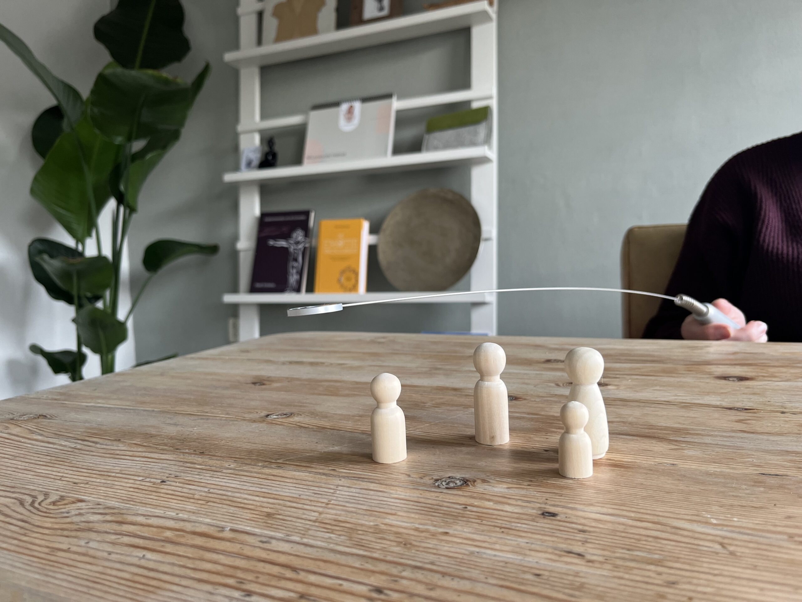 Close-up van een houten tafel waarop vier blanco houten poppetjes in verschillende groottes staan opgesteld, representatief voor een gezinssamenstelling. Boven de figuren wordt een biotensor vastgehouden door een persoon die gedeeltelijk in beeld is. Op de achtergrond is een wazige praktijkruimte zichtbaar met een witte ladderkast en een groene kamerplant.